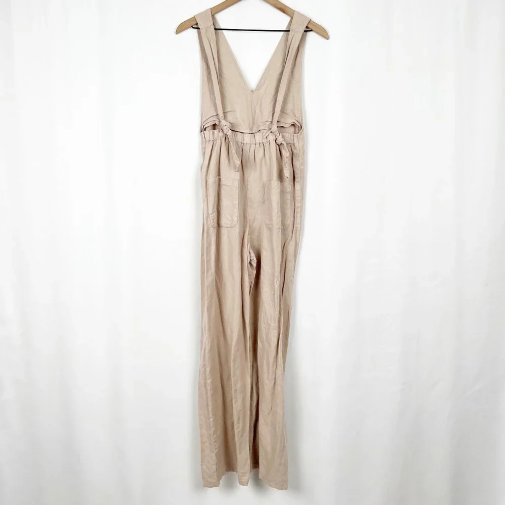 Zara Linen Wide Straight Leg Long Jumpsuit Overalls High Rise Waisted V-Neck XS - Picture 9 of 10
